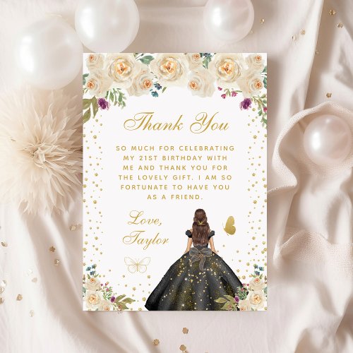 Cream Floral Brunette Hair Princess Birthday Party Thank You Card