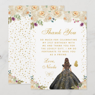 Cream Floral Brunette Hair Princess Birthday Party Thank You Card