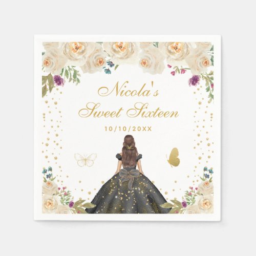 Cream Floral Brunette Hair Princess Sweet Sixteen Napkins