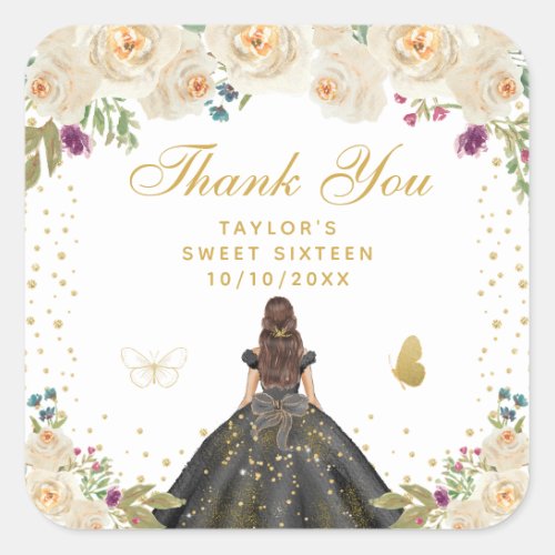 Cream Floral Brunette Hair Princess Sweet Sixteen Square Sticker