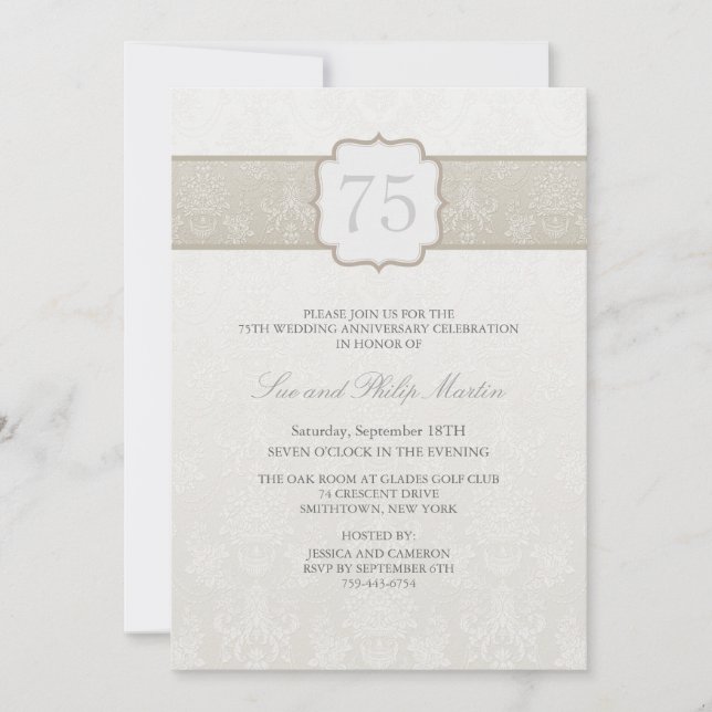 Cream Floral Damask Wedding Anniversary Invite (Front)