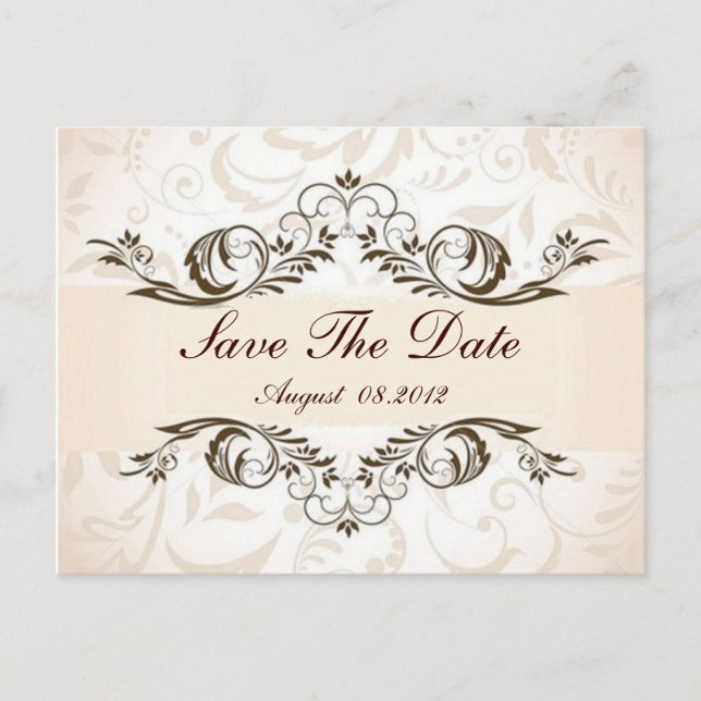 Cream Floral Damask Wedding save the date Announcement Postcard (Front)