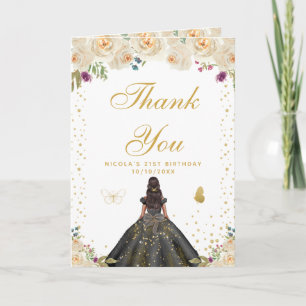 Cream Floral Dark Skin Girl Birthday Letterpress Thank You Card