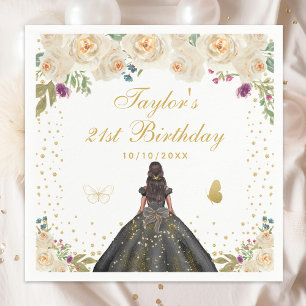 Cream Floral Dark Skin Girl Birthday Party Napkins