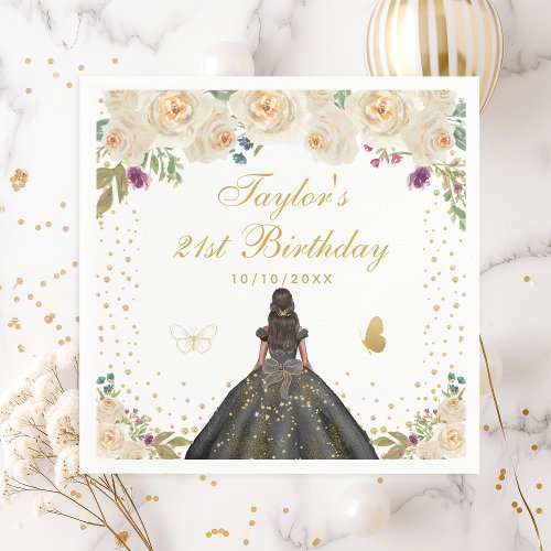 Cream Floral Dark Skin Girl Birthday Party Napkins