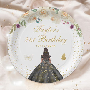 Cream Floral Dark Skin Girl Birthday Party Paper Plates