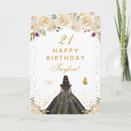 Cream Floral Dark Skin Girl Happy Birthday Card