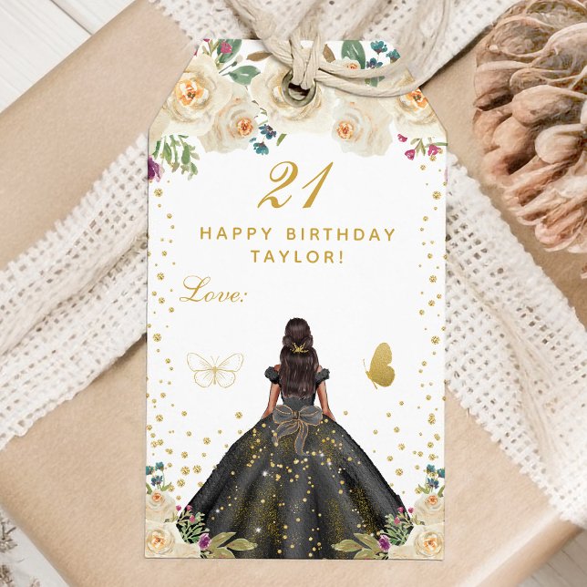Cream Floral Dark Skin Girl Happy Birthday Gift Tags (Creator Uploaded)