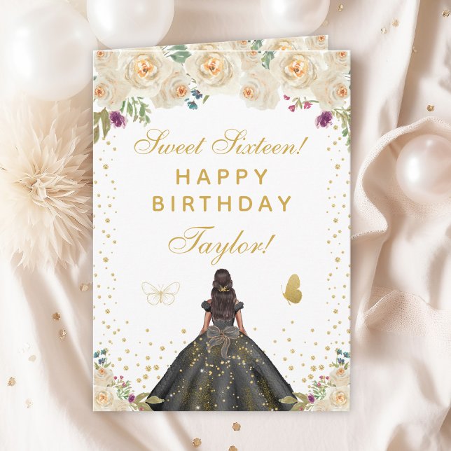 Cream Floral Dark Skin Girl Sweet Sixteen Card (Creator Uploaded)