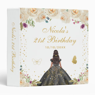 Cream Floral Dark Skin Princess Birthday Party 3 Ring Binder
