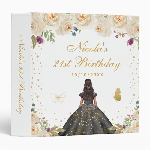 Cream Floral Dark Skin Princess Birthday Party 3 Ring Binder