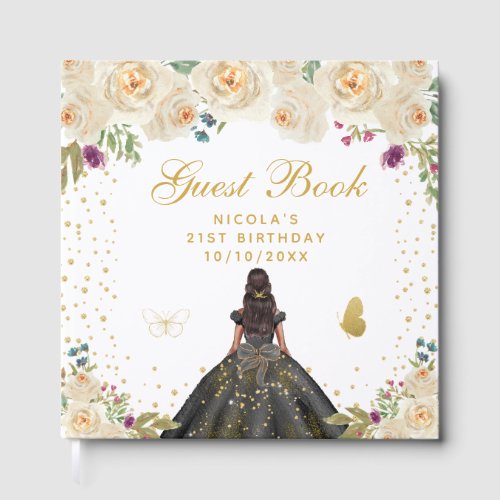 Cream Floral Dark Skin Princess Birthday Party Guest Book