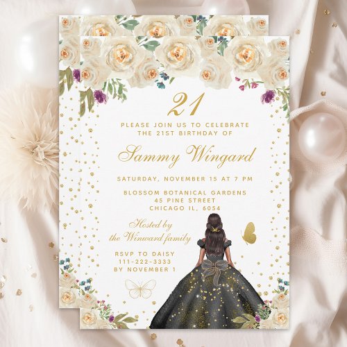 Cream Floral Dark Skin Princess Birthday Party Invitation