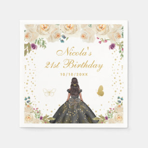 Cream Floral Dark Skin Princess Birthday Party Napkins