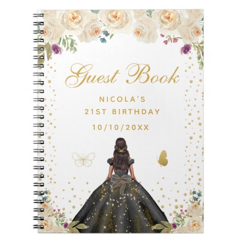 Cream Floral Dark Skin Princess Birthday Party Notebook