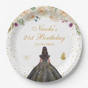 Cream Floral Dark Skin Princess Birthday Party Paper Plates