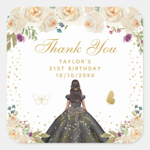 Cream Floral Dark Skin Princess Birthday Party Square Sticker