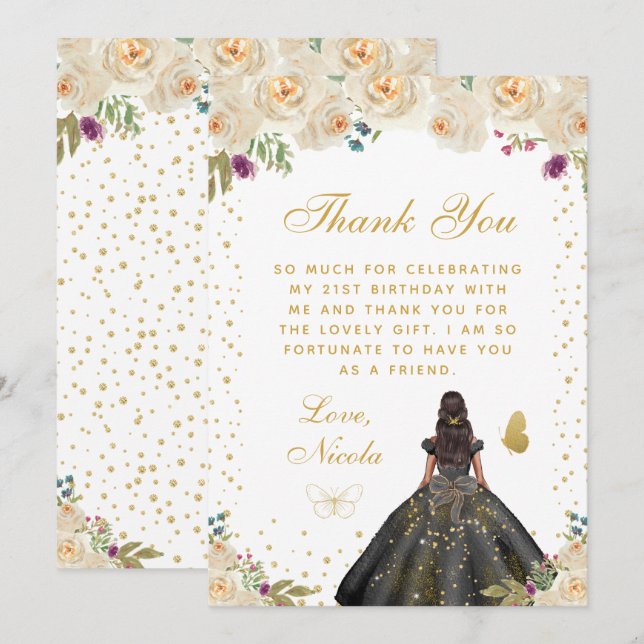 Cream Floral Dark Skin Princess Birthday Party Thank You Card (Front/Back)