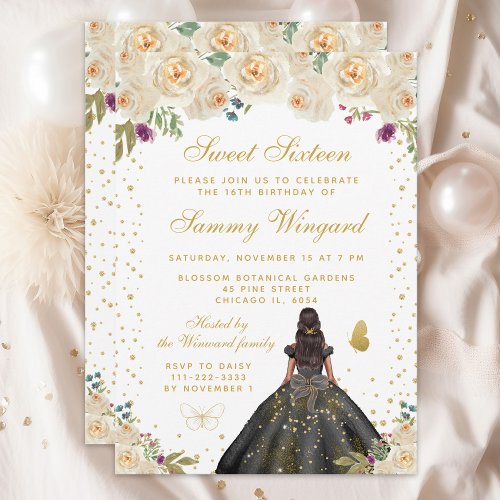 Cream Floral Dark Skin Princess Sweet Sixteen Invitation