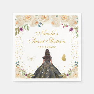 Cream Floral Dark Skin Princess Sweet Sixteen Napkins