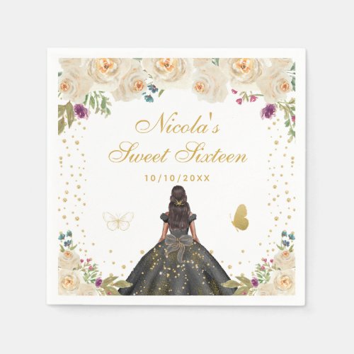 Cream Floral Dark Skin Princess Sweet Sixteen Napkins