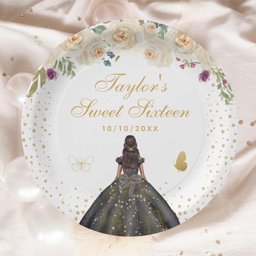 Cream Floral Dark Skin Princess Sweet Sixteen Paper Plates