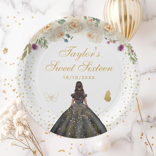 Cream Floral Dark Skin Princess Sweet Sixteen Paper Plates