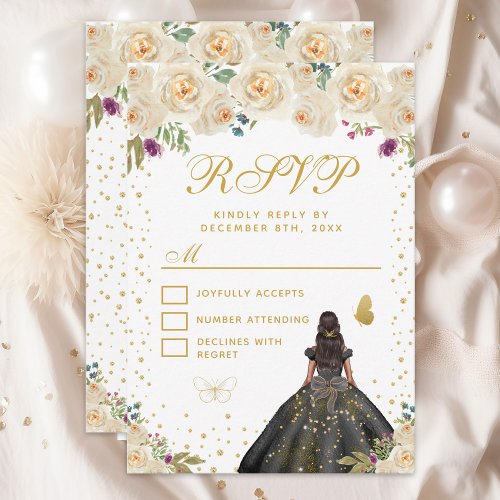 Cream Floral Dark Skin Princess Sweet Sixteen RSVP Card