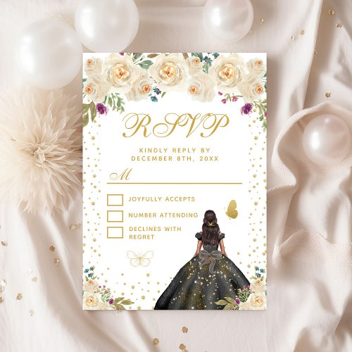 Cream Floral Dark Skin Princess Sweet Sixteen RSVP Card