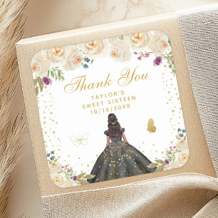 Cream Floral Dark Skin Princess Sweet Sixteen Square Sticker