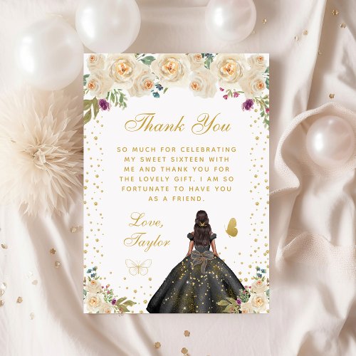 Cream Floral Dark Skin Princess Sweet Sixteen Thank You Card