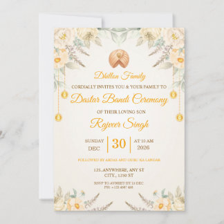 Cream Floral Dastar Bandi Ceremony Invitation
