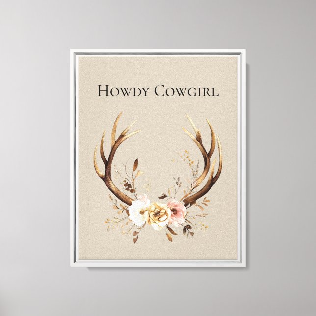 Cream Floral Deer Antlers Cowgirl Canvas Print (Front)