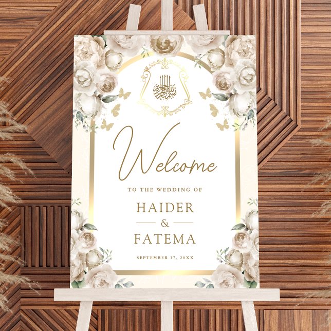Cream Floral Gold Arch Muslim Wedding Welcome Sign (Creator Uploaded)