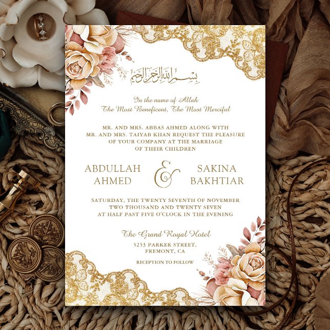 Cream Floral Gold Lace QR Code Muslim Wedding Invitation (Creator Uploaded)