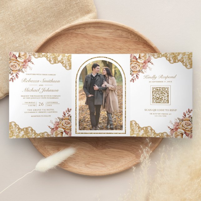 Cream Floral Gold Lace QR Code Photo Wedding Tri-Fold Invitation (Creator Uploaded)