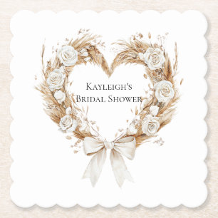 Cream Floral Heart Wreath Bridal Shower Paper Coaster