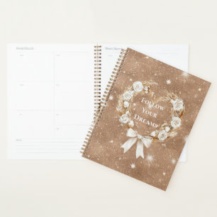 Cream Floral Heart Wreath Brown Glitter Planner