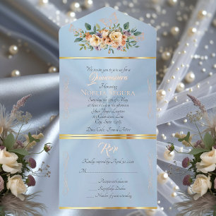 Cream Floral on Pastel Quinceanera - Blue All In One Invitation
