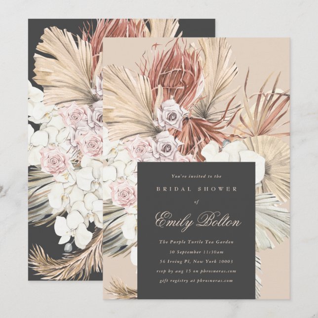 Cream Floral Pampas Charcoal Boho Bridal Shower Invitation (Front/Back)