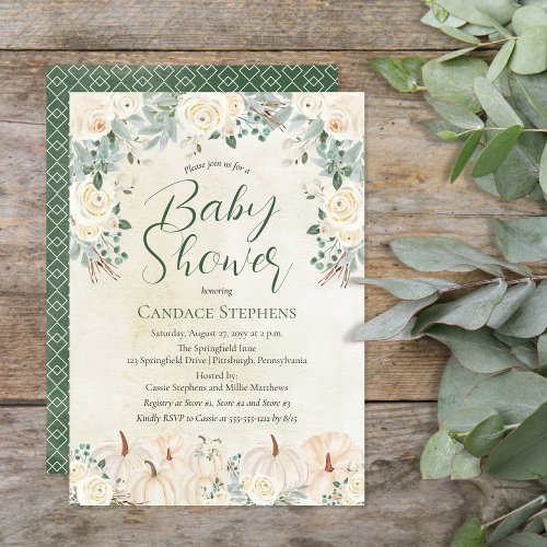 Cream Floral  Pumpkins _ Forest Green Baby Shower Invitation