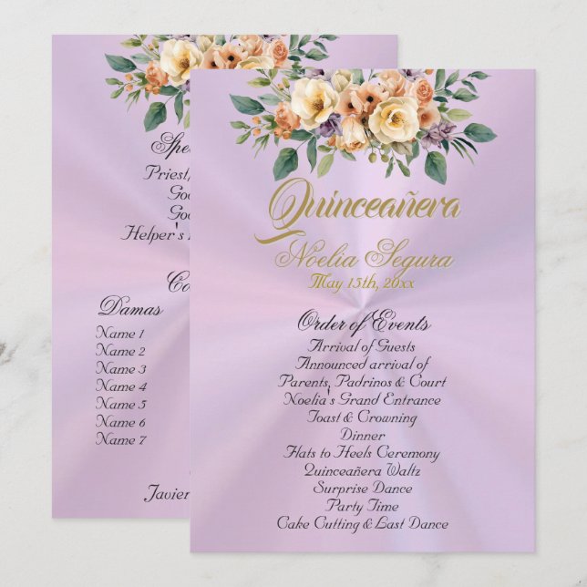 Cream Floral Quinceanera Program - Lavender (Front/Back)