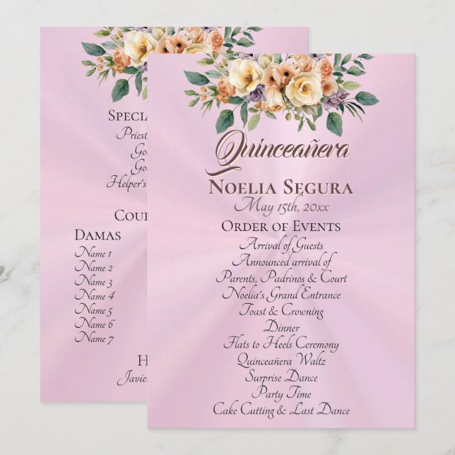 Cream Floral Quinceanera Program - Pastel Pink (Front/Back)