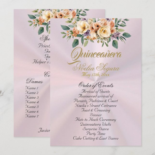 Cream Floral Quinceanera Program - Pastel Pink (Front/Back)