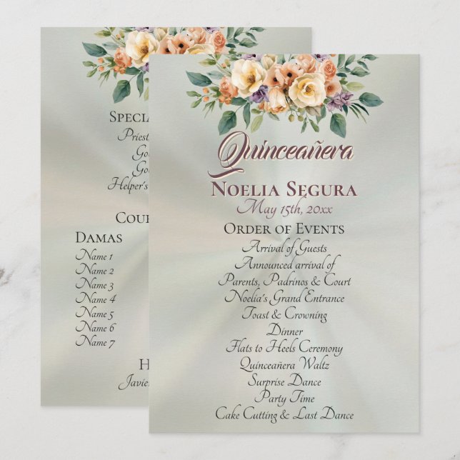 Cream Floral Quinceanera Program - Pastel Sage (Front/Back)