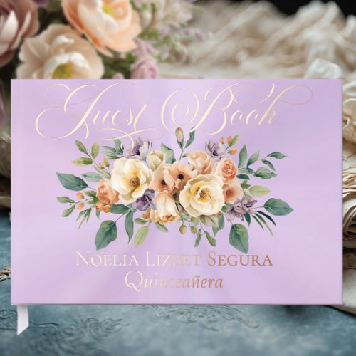 Cream Floral &amp; Tiara - Lavender Foil Guest Book