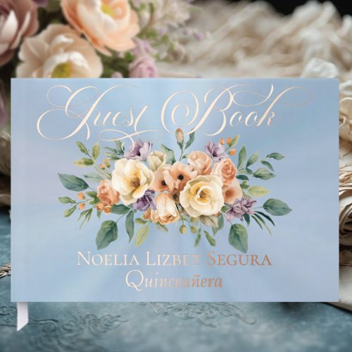 Cream Floral &amp; Tiara - Pastel Blue Foil Guest Book