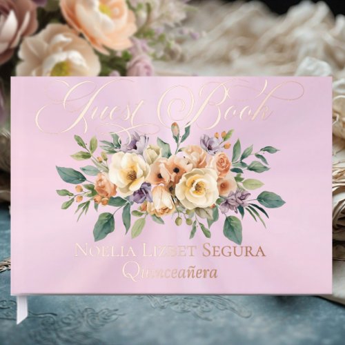 Cream Floral &amp; Tiara - Pastel Pink Foil Guest Book