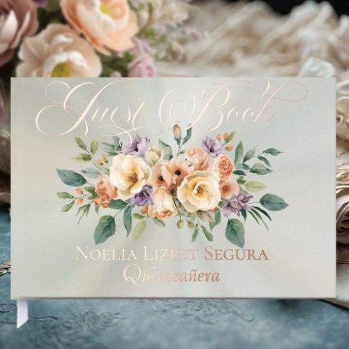 Cream Floral &amp; Tiara - Pastel Sage Foil Guest Book