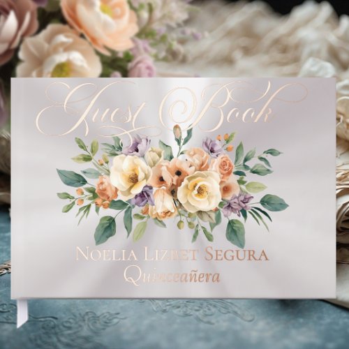 Cream Floral &amp; Tiara - Pearl White Foil Guest Book